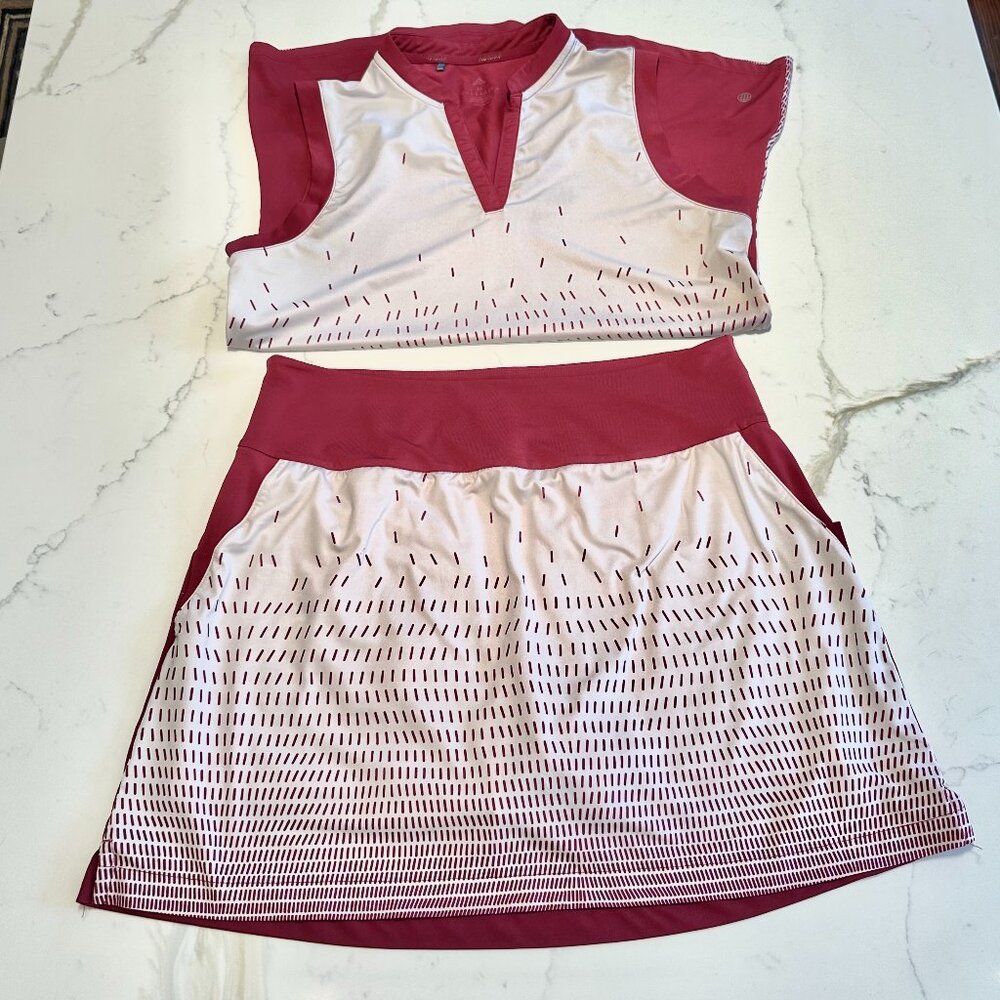 adidas Two-Piece Athletic Crop Top and Skirt Set in White and Burgundy